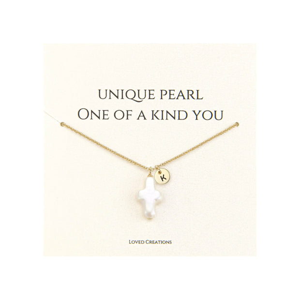 Pearl Cross Necklace for Women Gold Initial K Necklaces 14K Gold Plated Cute Dainty Baroque Pearl Cross Pendant Necklace Jewelry Gift