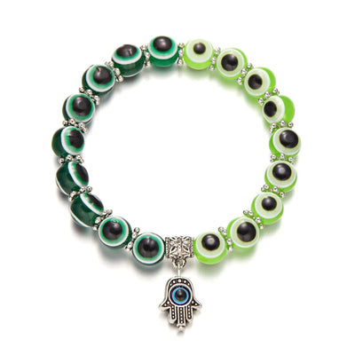 Lucky Evil Eye Bracelets Set Colorful Turkish Amulet Hamsa Evil Eye Beaded Charm Stretch Elastic Bracelet for Women Men-Green